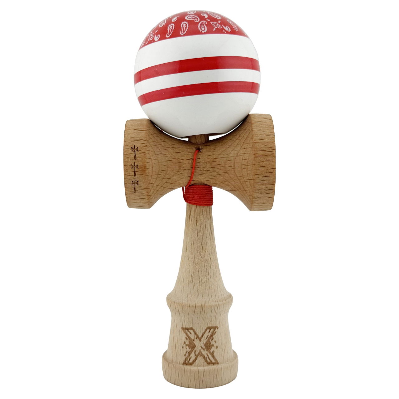 Kendama X CHICANOS Originala, Profesionala, Flippy, Big Cups V2, Super Sticky cu Cupe Mari, Rulment Metalic, din lemn 18 cm, Ata 55 cm, Rosu/Alb [1]