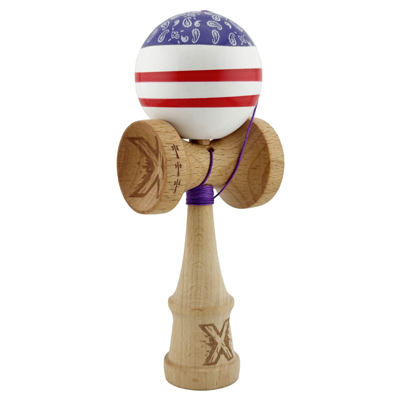 Kendama X CHICANOS Originala, Profesionala, Flippy, Big Cups V2, Super Sticky cu Cupe Mari, Rulment Metalic, din lemn 18 cm, Ata 55 cm, Violet/Alb [2]