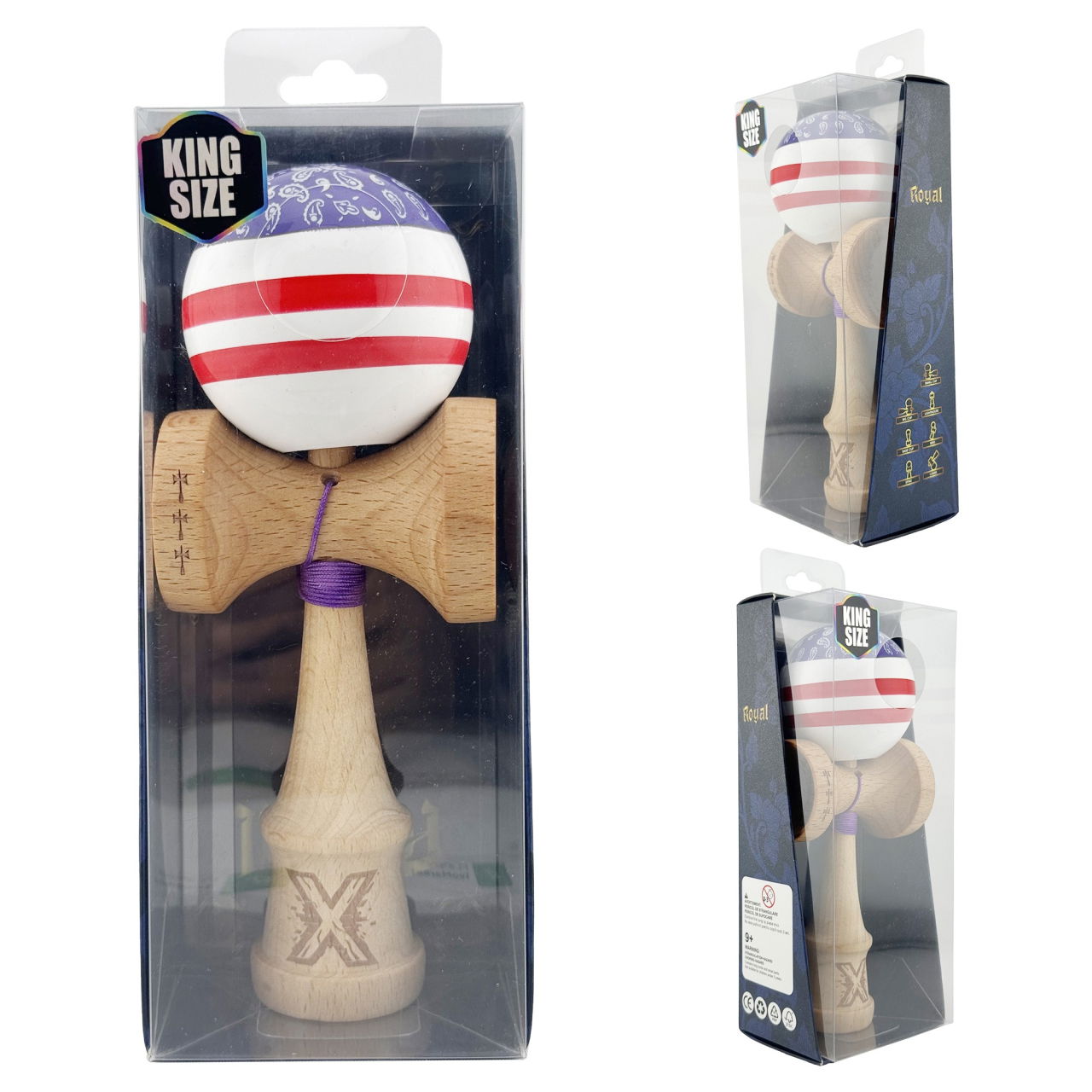 Kendama X CHICANOS Originala, Profesionala, Flippy, Big Cups V2, Super Sticky cu Cupe Mari, Rulment Metalic, din lemn 18 cm, Ata 55 cm, Violet/Alb [5]
