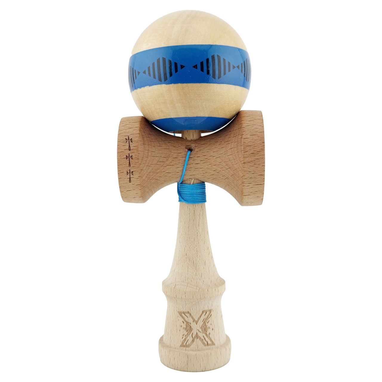 Kendama X FREQUENCY Originala, Profesionala, Flippy, Big Cups V2, Super Sticky cu Cupe Mari, Rulment Metalic, din lemn 18 cm, Ata 55 cm, Albastru/Maro [1]