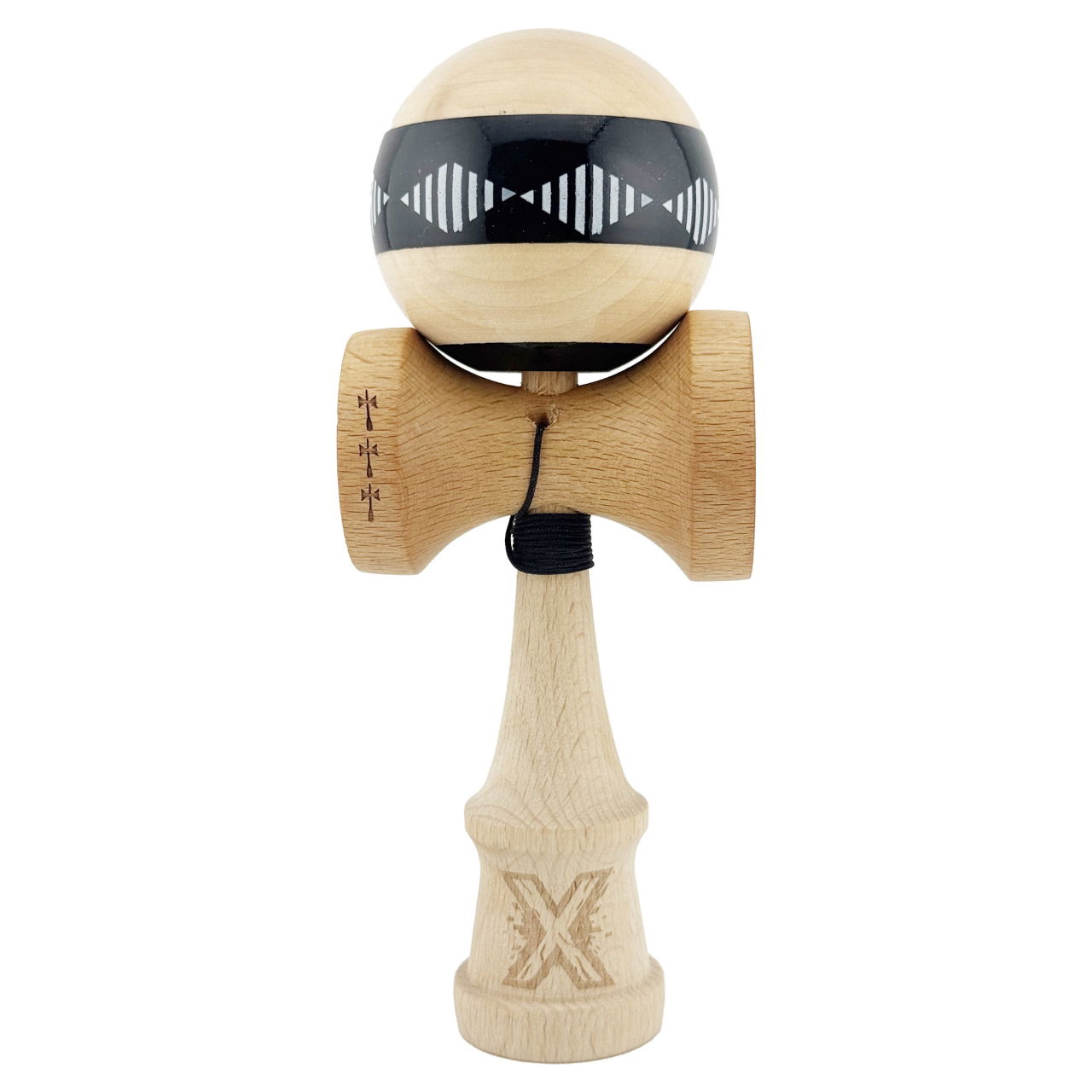 Kendama X FREQUENCY Originala, Profesionala, Flippy, Big Cups V2, Super Sticky cu Cupe Mari, Rulment Metalic, din lemn 18 cm, Ata 55 cm, Negru/Maro [1]