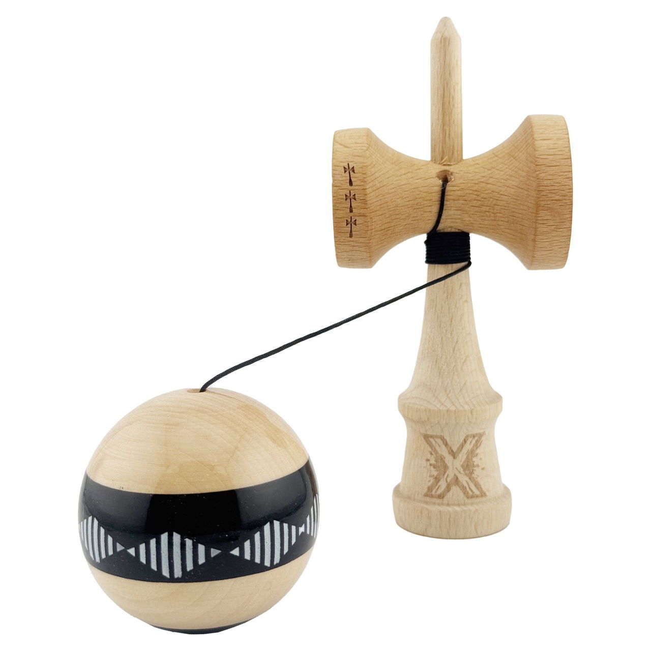 Kendama X FREQUENCY Originala, Profesionala, Flippy, Big Cups V2, Super Sticky cu Cupe Mari, Rulment Metalic, din lemn 18 cm, Ata 55 cm, Negru/Maro [3]