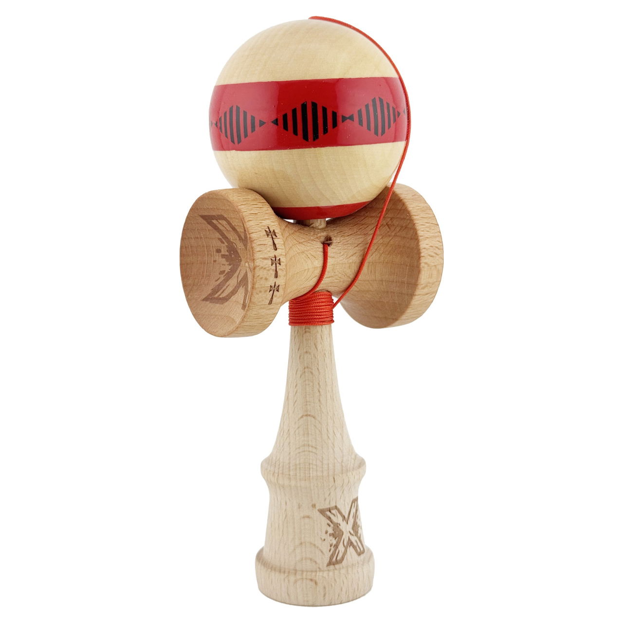 Kendama X FREQUENCY Originala, Profesionala, Flippy, Big Cups V2, Super Sticky cu Cupe Mari, Rulment Metalic, din lemn 18 cm, Ata 55 cm, Rosu/Maro [2]