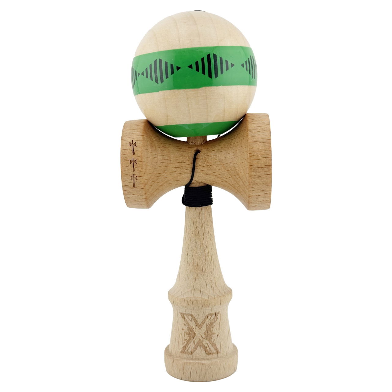 Kendama X FREQUENCY Originala, Profesionala, Flippy, Big Cups V2, Super Sticky cu Cupe Mari, Rulment Metalic, din lemn 18 cm, Ata 55 cm, Verde/Maro [1]