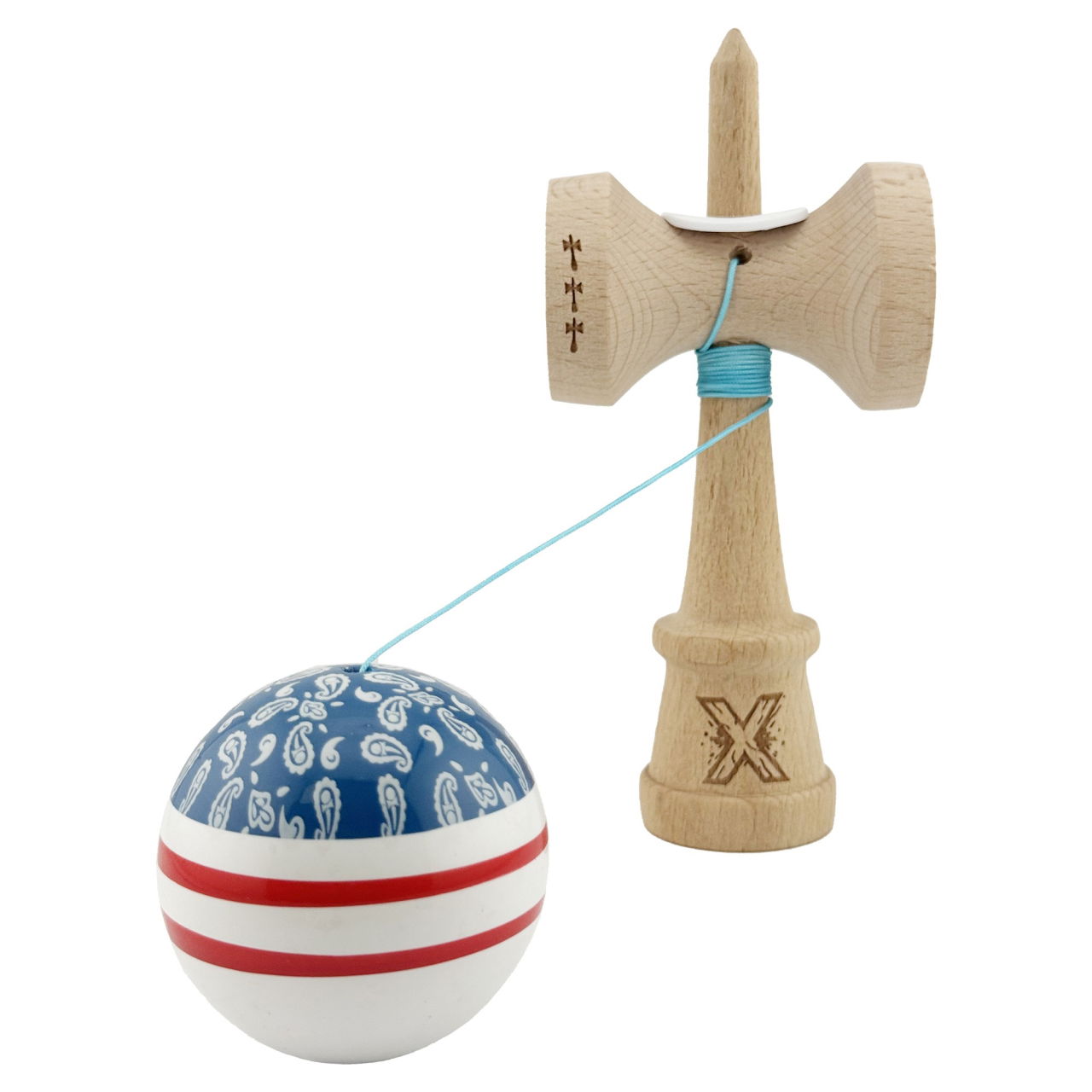 Kendama X Originala CHICANOS, Profesionala, Flippy, Cupe Mari KING SIZE V3, Super Sticky, Gaura in Baza, Rulment Metalic, din lemn 18 cm, Ata 62/65 cm, Albastru/Alb [4]