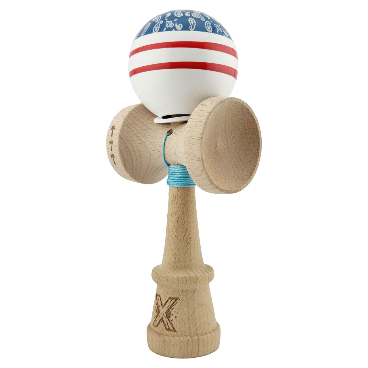 Kendama X Originala CHICANOS, Profesionala, Flippy, Cupe Mari KING SIZE V3, Super Sticky, Gaura in Baza, Rulment Metalic, din lemn 18 cm, Ata 62/65 cm, Albastru/Alb [3]