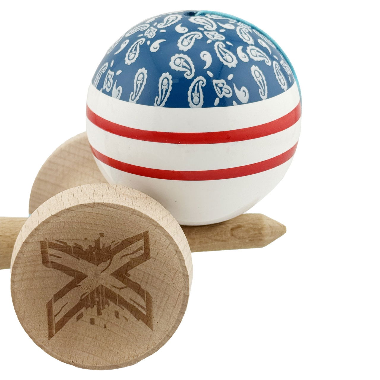 Kendama X Originala CHICANOS, Profesionala, Flippy, Cupe Mari KING SIZE V3, Super Sticky, Gaura in Baza, Rulment Metalic, din lemn 18 cm, Ata 62/65 cm, Albastru/Alb [8]