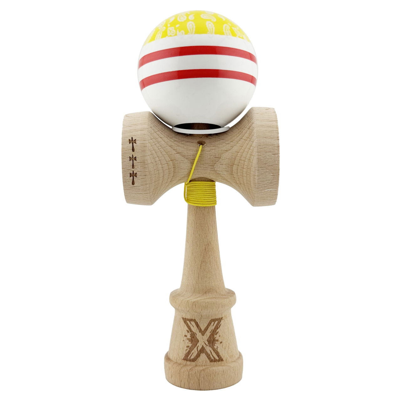 Kendama X Originala CHICANOS, Profesionala, Flippy, Cupe Mari KING SIZE V3, Super Sticky, Gaura in Baza, Rulment Metalic, din lemn 18 cm, Ata 62/65 cm, Galben/Alb [2]