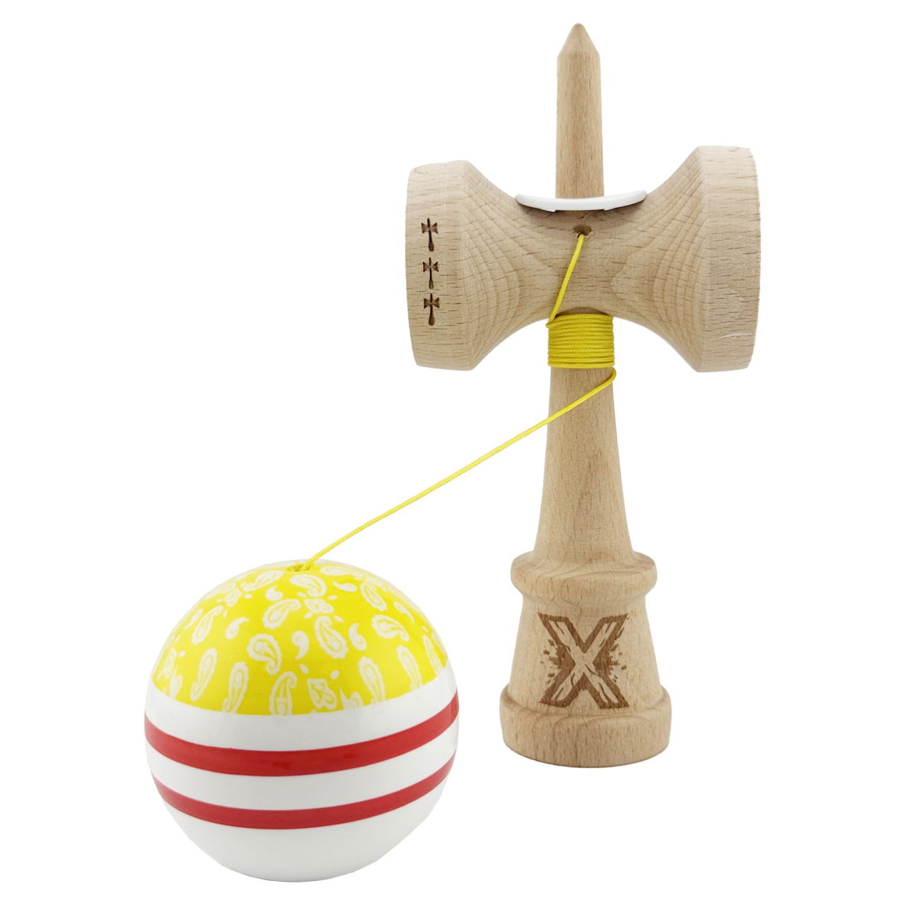Kendama X Originala CHICANOS, Profesionala, Flippy, Cupe Mari KING SIZE V3, Super Sticky, Gaura in Baza, Rulment Metalic, din lemn 18 cm, Ata 62/65 cm, Galben/Alb [4]