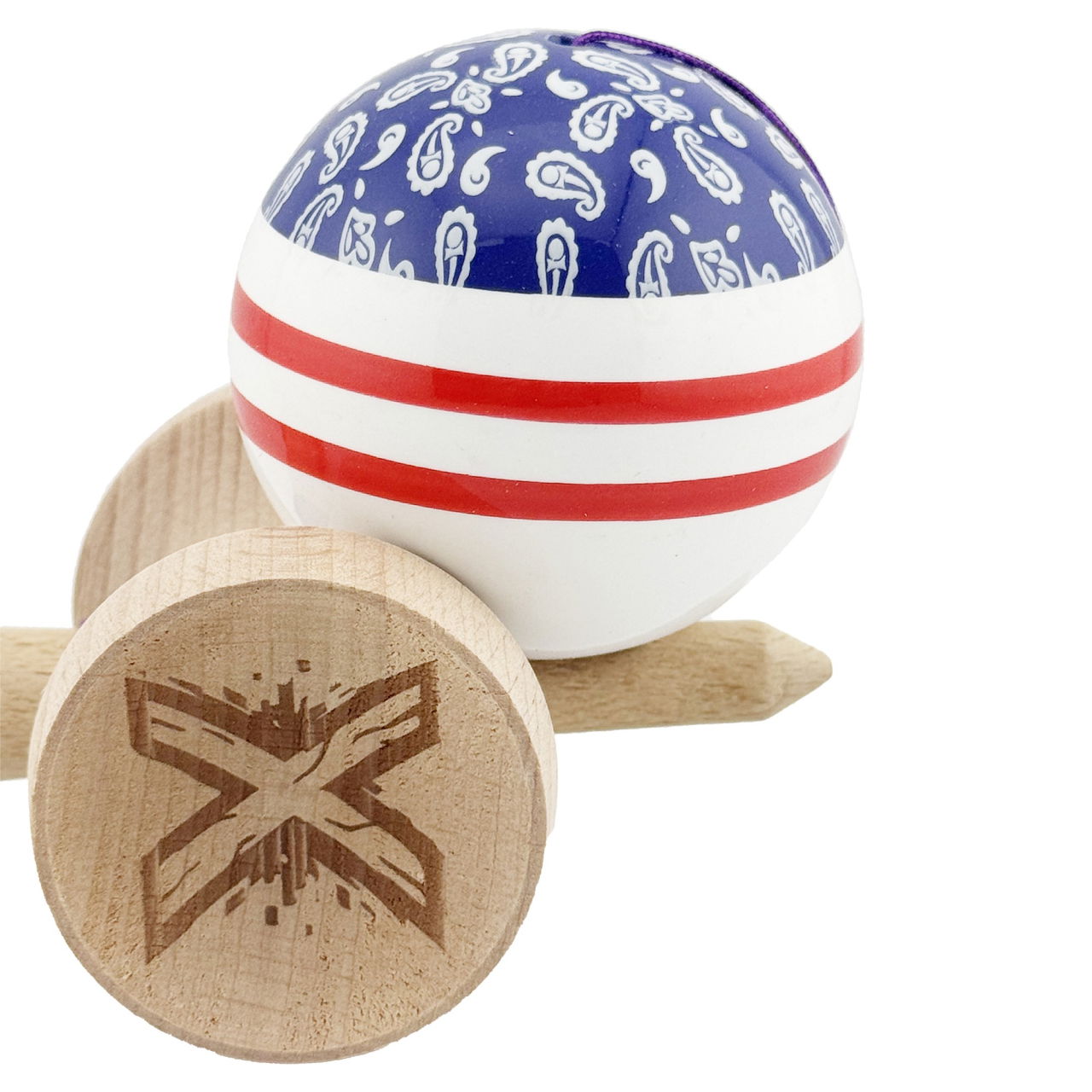 Kendama X Originala CHICANOS, Profesionala, Flippy, Cupe Mari KING SIZE V3, Super Sticky, Gaura in Baza, Rulment Metalic, din lemn 18 cm, Ata 62/65 cm, Mov/Alb [8]