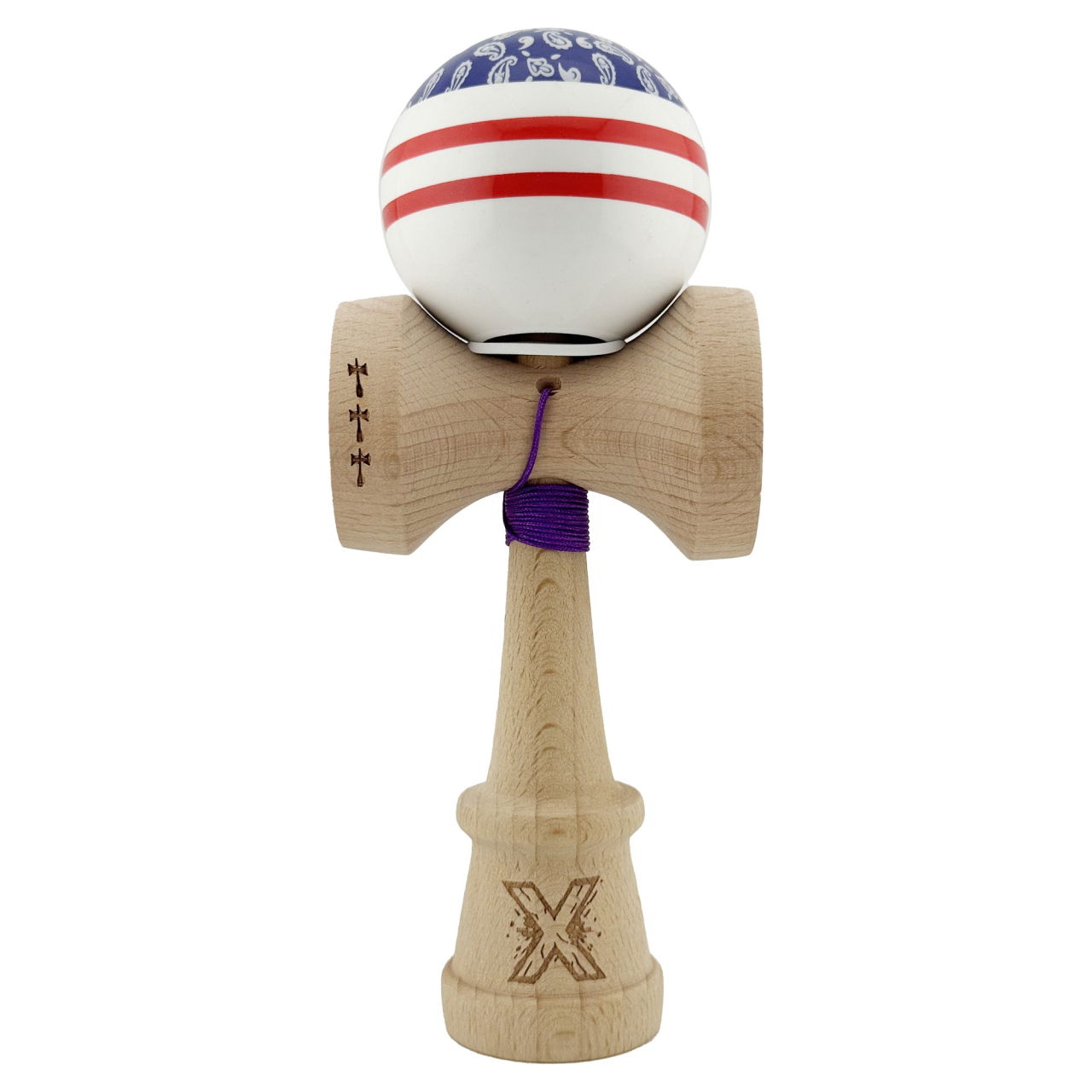 Kendama X Originala CHICANOS, Profesionala, Flippy, Cupe Mari KING SIZE V3, Super Sticky, Gaura in Baza, Rulment Metalic, din lemn 18 cm, Ata 62/65 cm, Mov/Alb [2]