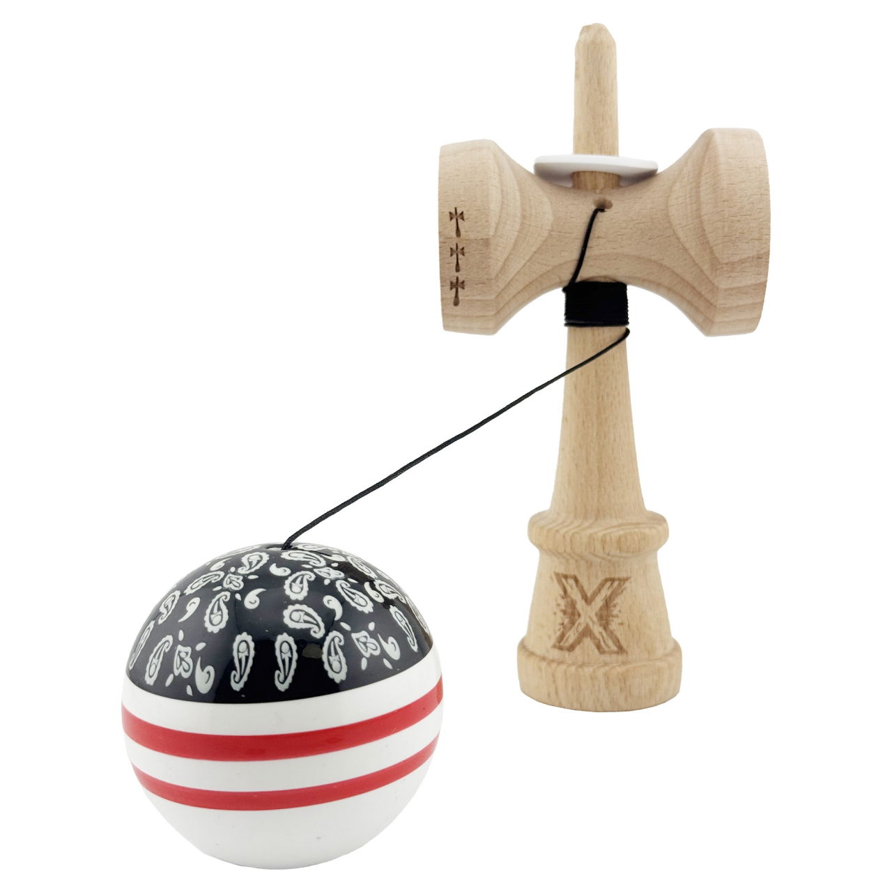 Kendama X Originala CHICANOS, Profesionala, Flippy, Cupe Mari KING SIZE V3, Super Sticky, Gaura in Baza, Rulment Metalic, din lemn 18 cm, Ata 62/65 cm, Negru/Alb [4]