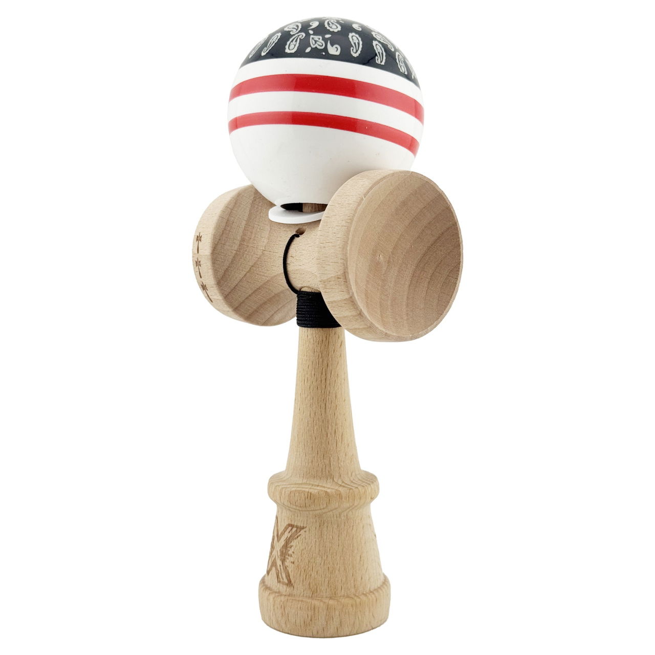 Kendama X Originala CHICANOS, Profesionala, Flippy, Cupe Mari KING SIZE V3, Super Sticky, Gaura in Baza, Rulment Metalic, din lemn 18 cm, Ata 62/65 cm, Negru/Alb [3]