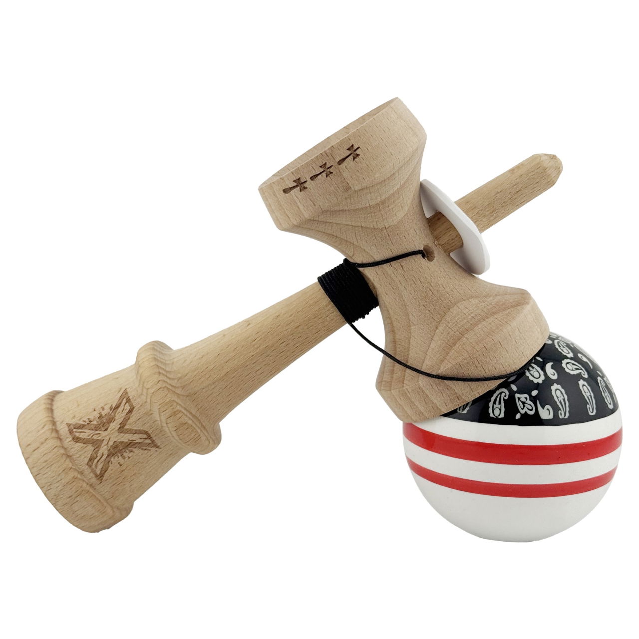 Kendama X Originala CHICANOS, Profesionala, Flippy, Cupe Mari KING SIZE V3, Super Sticky, Gaura in Baza, Rulment Metalic, din lemn 18 cm, Ata 62/65 cm, Negru/Alb [5]