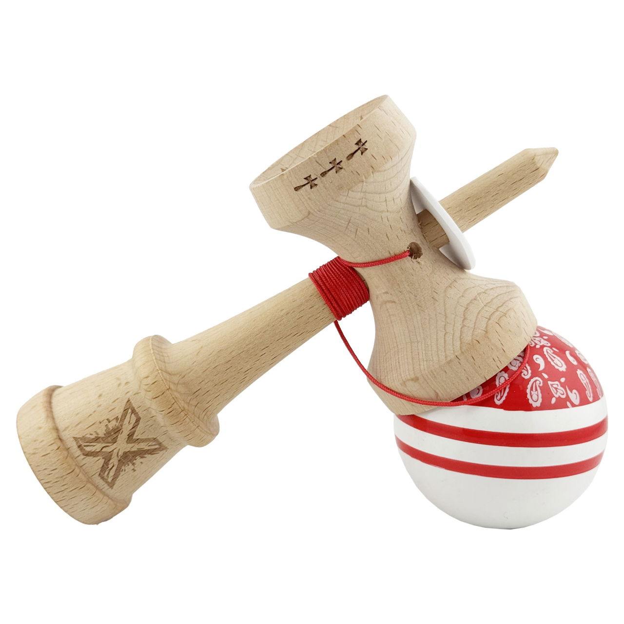 Kendama X Originala CHICANOS, Profesionala, Flippy, Cupe Mari KING SIZE V3, Super Sticky, Gaura in Baza, Rulment Metalic, din lemn 18 cm, Ata 62/65 cm, Rosu/Alb [5]
