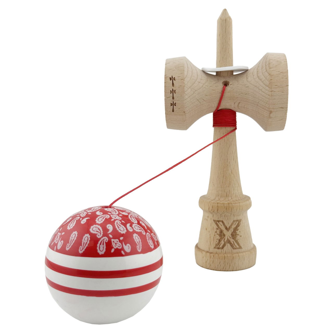 Kendama X Originala CHICANOS, Profesionala, Flippy, Cupe Mari KING SIZE V3, Super Sticky, Gaura in Baza, Rulment Metalic, din lemn 18 cm, Ata 62/65 cm, Rosu/Alb [4]