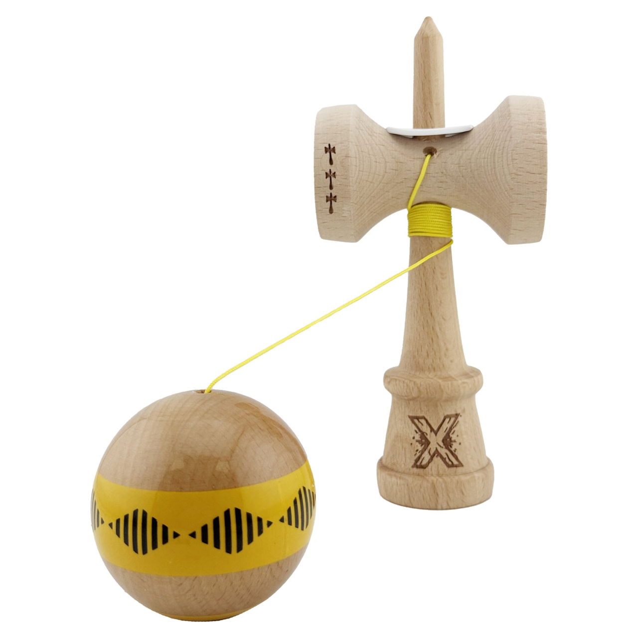 Kendama X Originala FREQUENCY, Profesionala, Flippy, Cupe Mari KING SIZE V3, Super Sticky, Gaura in Baza, Rulment Metalic, din lemn 18 cm, Ata 62/65 cm, Galben/Maro [12]