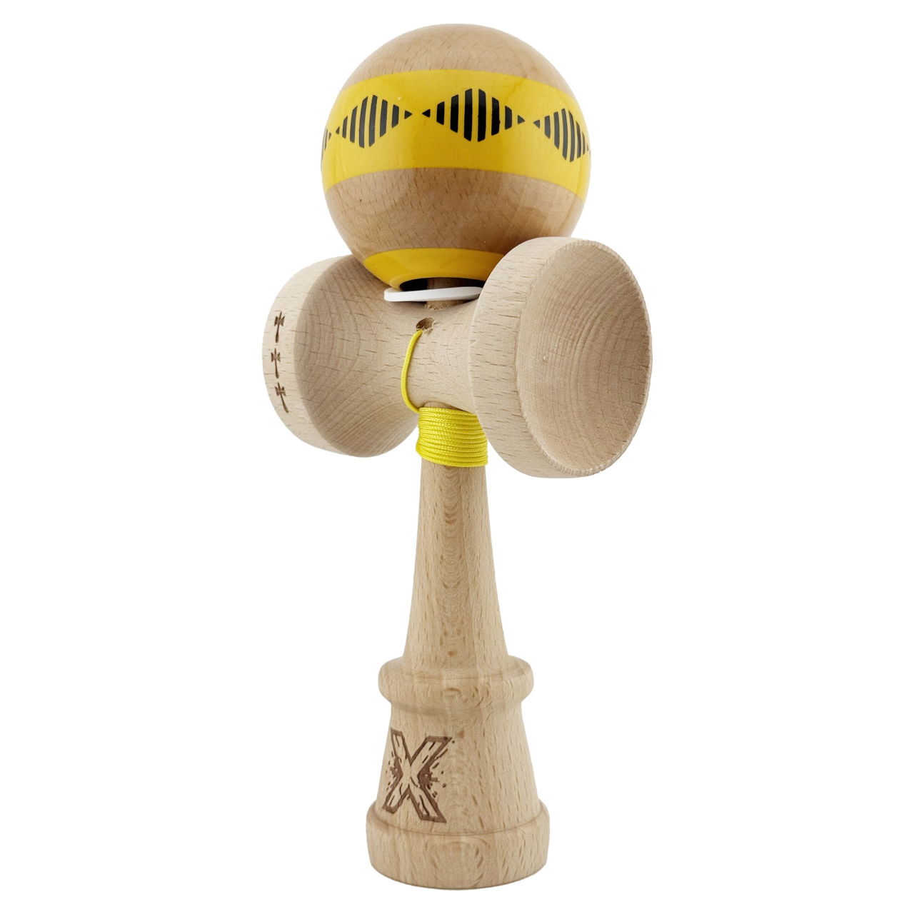 Kendama X Originala FREQUENCY, Profesionala, Flippy, Cupe Mari KING SIZE V3, Super Sticky, Gaura in Baza, Rulment Metalic, din lemn 18 cm, Ata 62/65 cm, Galben/Maro [3]
