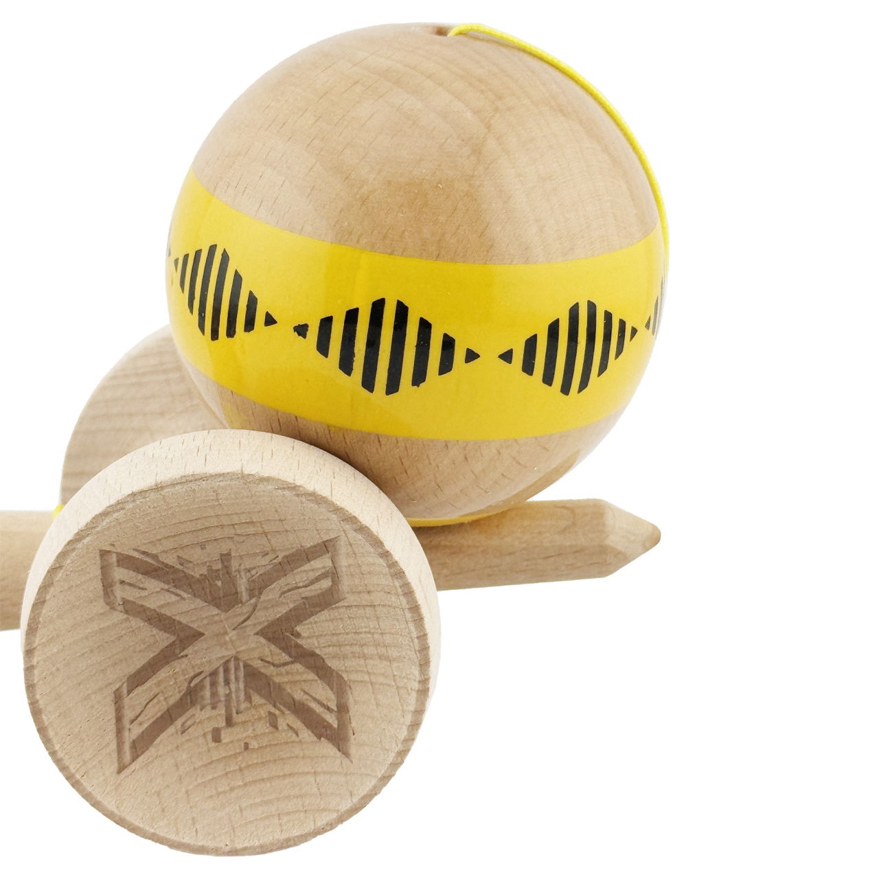 Kendama X Originala FREQUENCY, Profesionala, Flippy, Cupe Mari KING SIZE V3, Super Sticky, Gaura in Baza, Rulment Metalic, din lemn 18 cm, Ata 62/65 cm, Galben/Maro [16]