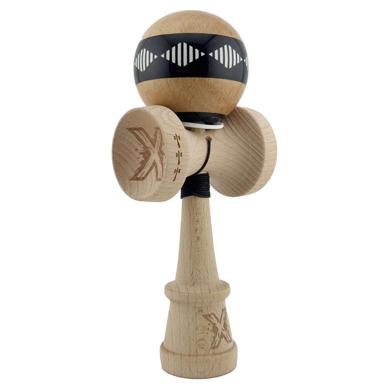 Kendama X Originala FREQUENCY, Profesionala, Flippy, Cupe Mari KING SIZE V3, Super Sticky, Gaura in Baza, Rulment Metalic, din lemn 18 cm, Ata 62/65 cm, Negru/Maro [1]