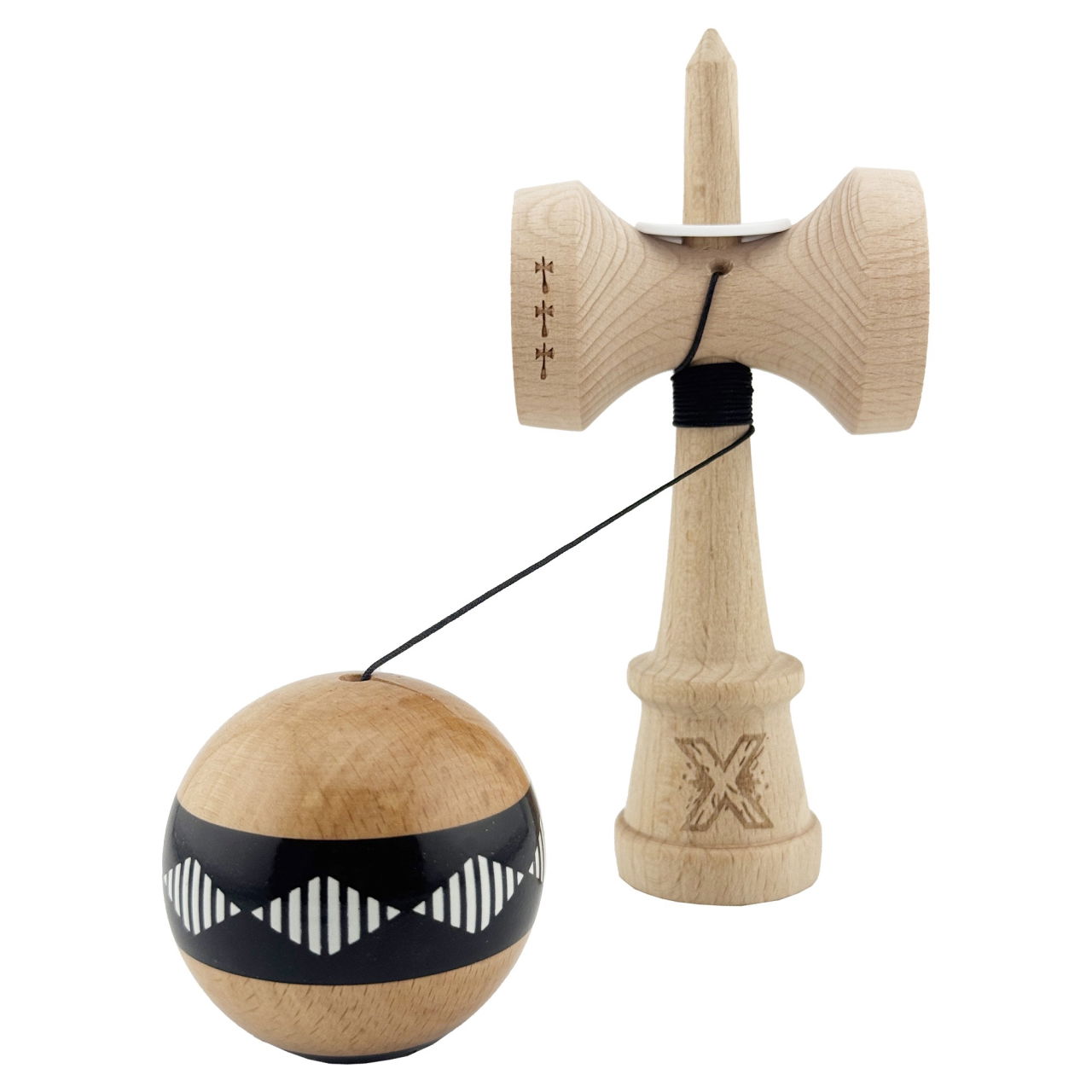 Kendama X Originala FREQUENCY, Profesionala, Flippy, Cupe Mari KING SIZE V3, Super Sticky, Gaura in Baza, Rulment Metalic, din lemn 18 cm, Ata 62/65 cm, Negru/Maro [5]