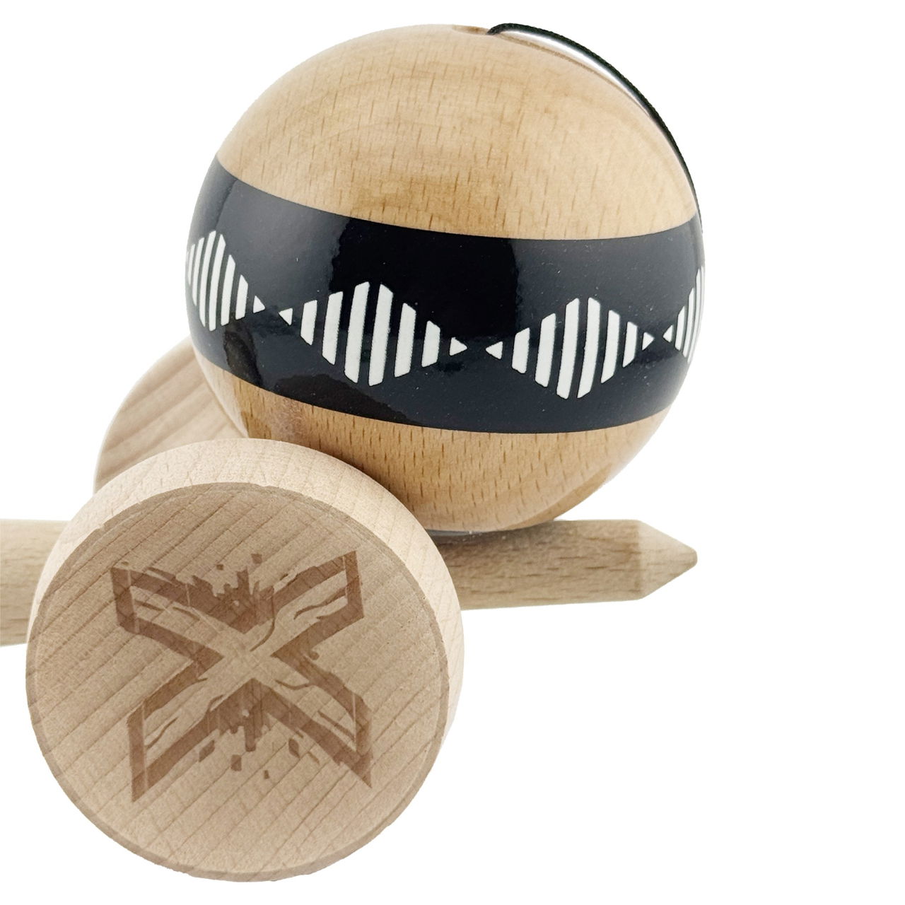 Kendama X Originala FREQUENCY, Profesionala, Flippy, Cupe Mari KING SIZE V3, Super Sticky, Gaura in Baza, Rulment Metalic, din lemn 18 cm, Ata 62/65 cm, Negru/Maro [8]