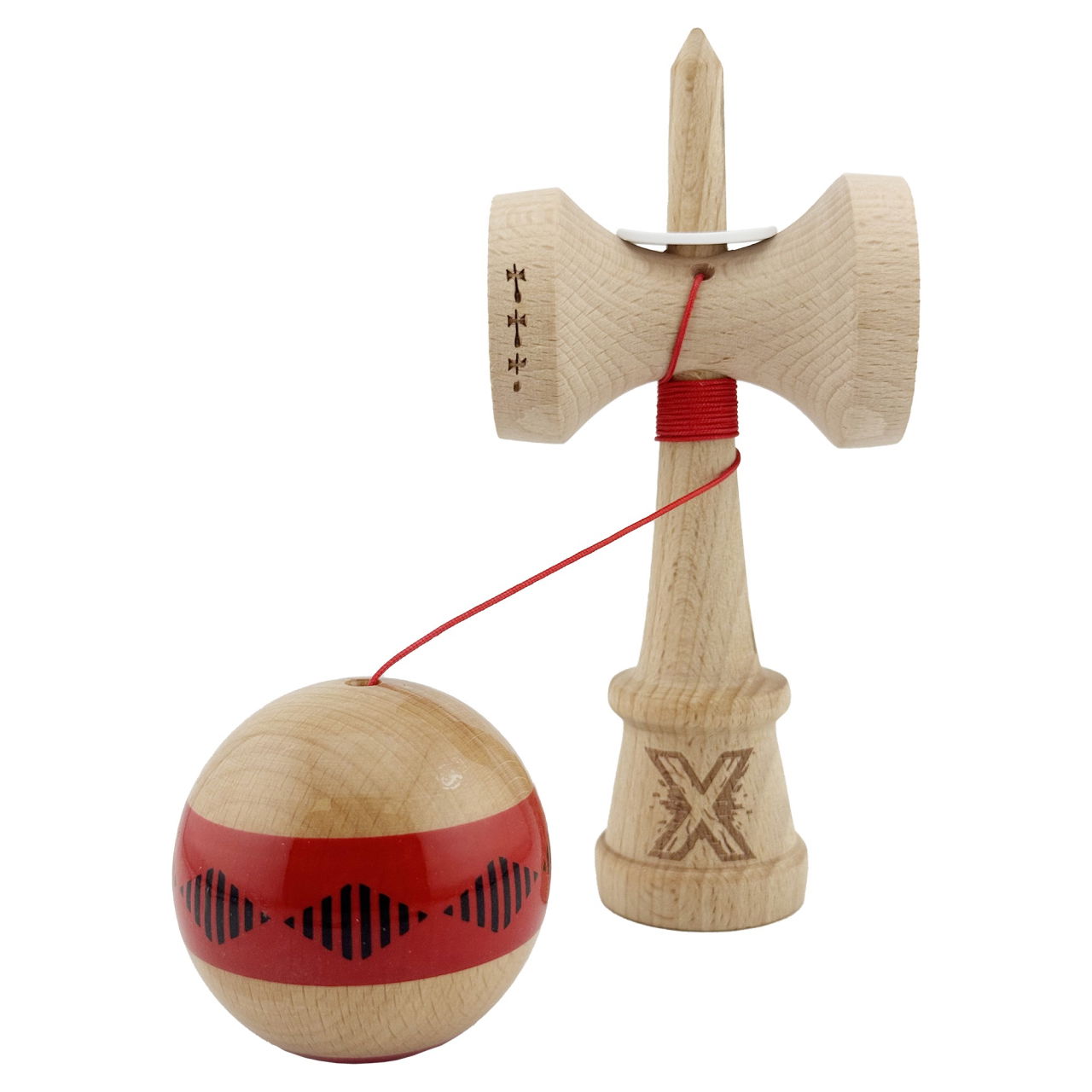 Kendama X Originala FREQUENCY, Profesionala, Flippy, Cupe Mari KING SIZE V3, Super Sticky, Gaura in Baza, Rulment Metalic, din lemn 18 cm, Ata 62/65 cm, Rosu/Maro [4]