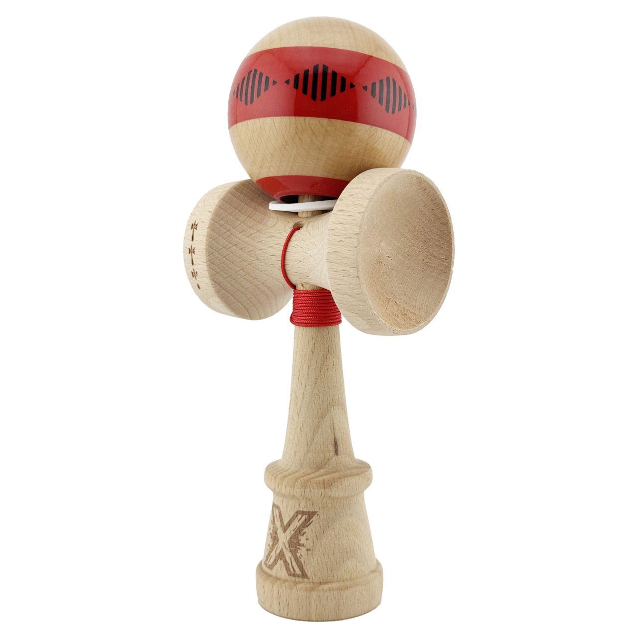 Kendama X Originala FREQUENCY, Profesionala, Flippy, Cupe Mari KING SIZE V3, Super Sticky, Gaura in Baza, Rulment Metalic, din lemn 18 cm, Ata 62/65 cm, Rosu/Maro [3]