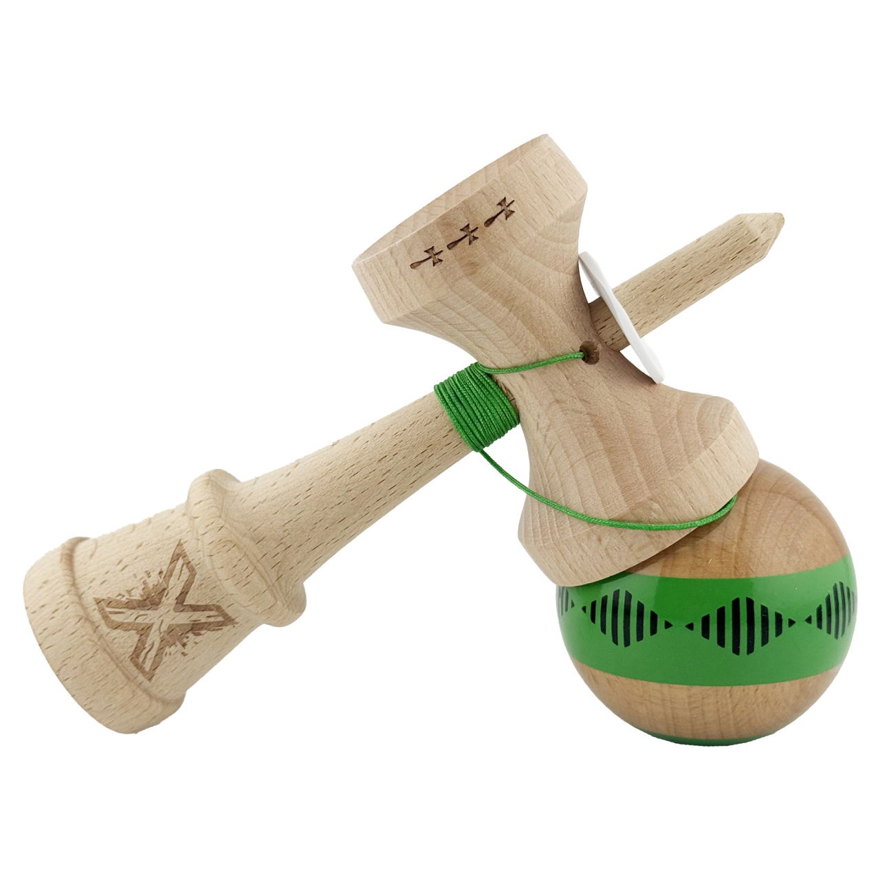 Kendama X Originala FREQUENCY, Profesionala, Flippy, Cupe Mari KING SIZE V3, Super Sticky, Gaura in Baza, Rulment Metalic, din lemn 18 cm, Ata 62/65 cm, Verde/Maro [4]