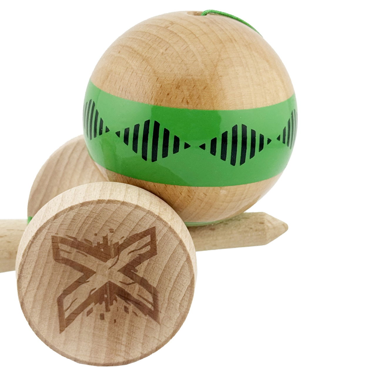 Kendama X Originala FREQUENCY, Profesionala, Flippy, Cupe Mari KING SIZE V3, Super Sticky, Gaura in Baza, Rulment Metalic, din lemn 18 cm, Ata 62/65 cm, Verde/Maro [8]
