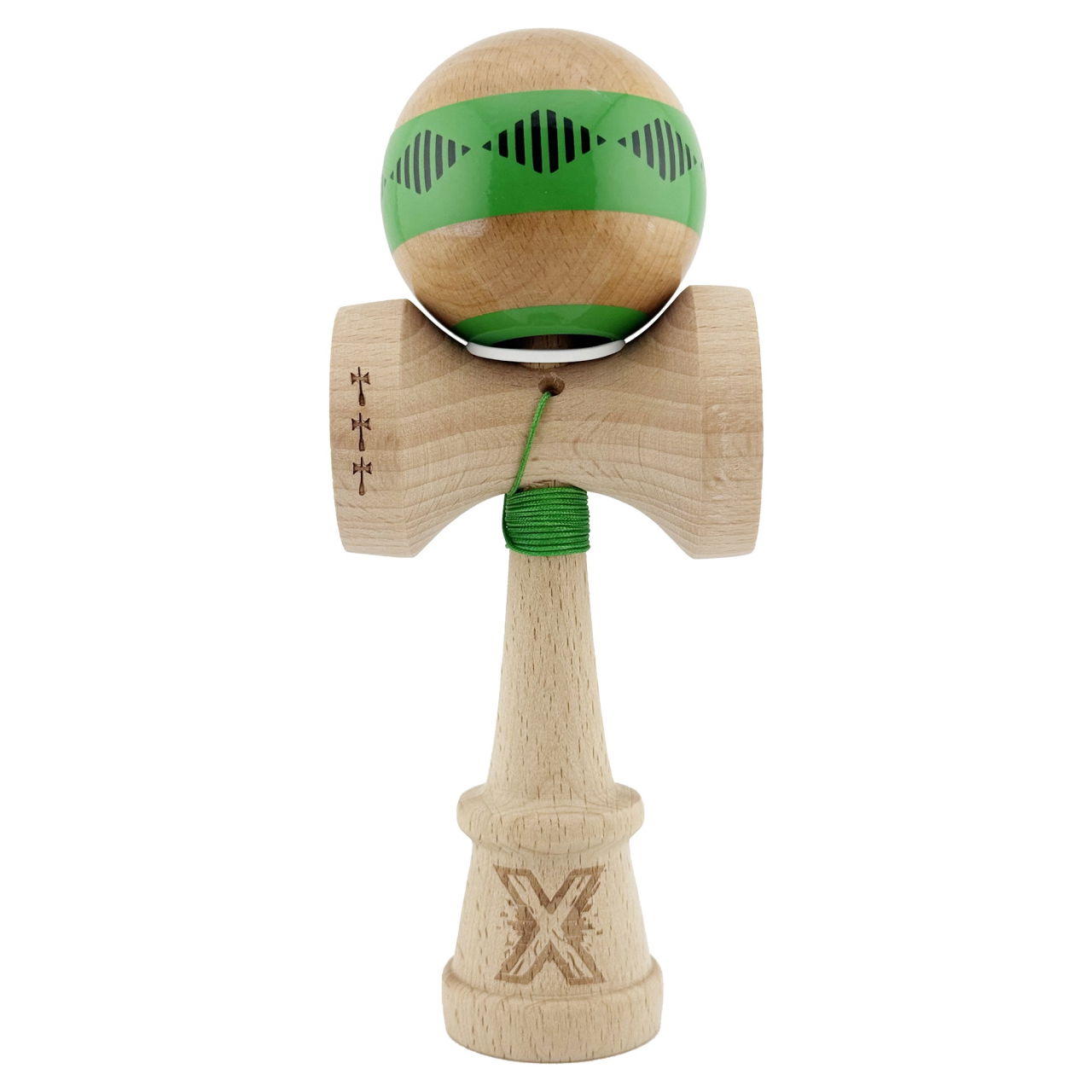 Kendama X Originala FREQUENCY, Profesionala, Flippy, Cupe Mari KING SIZE V3, Super Sticky, Gaura in Baza, Rulment Metalic, din lemn 18 cm, Ata 62/65 cm, Verde/Maro [2]