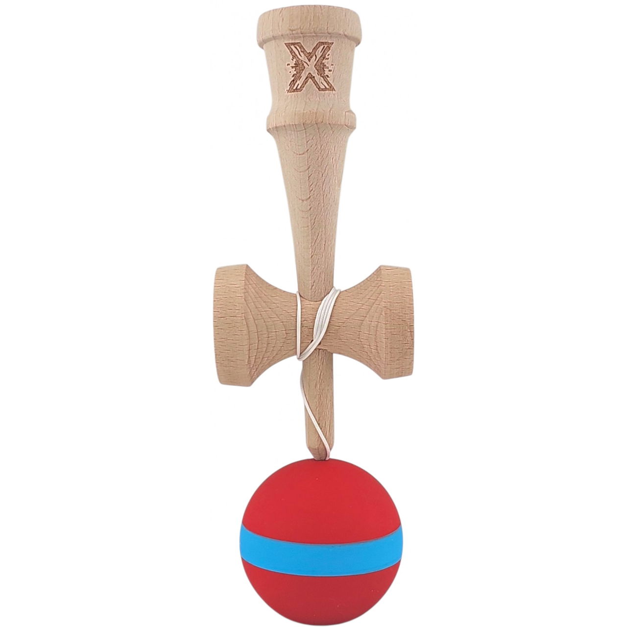 Kendama X Originala, Profesionala, Flippy, 18 cm, din Lemn, Rubber Grip, Rosu/Albastru [2]