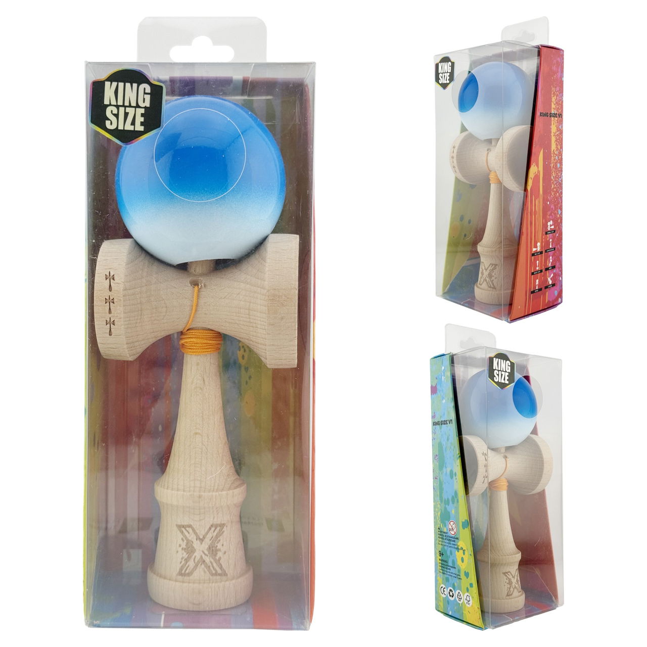 Kendama X Originala, Profesionala, Flippy, Big Cups V2, Super Sticky cu Cupe Mari, din lemn 18 cm, Rulment Metalic cu Ata 55 cm, Albastru/Alb [10]
