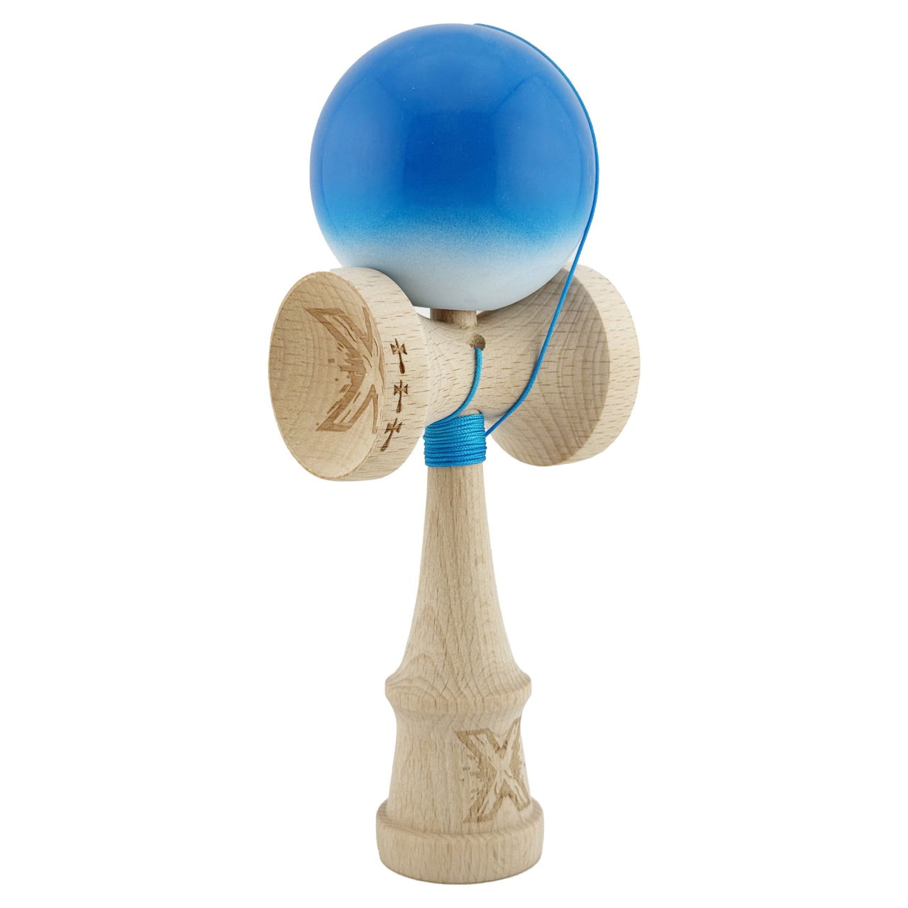 Kendama X Originala, Profesionala, Flippy, Big Cups V2, Super Sticky cu Cupe Mari, din lemn 18 cm, Rulment Metalic cu Ata 55 cm, Albastru/Alb [1]