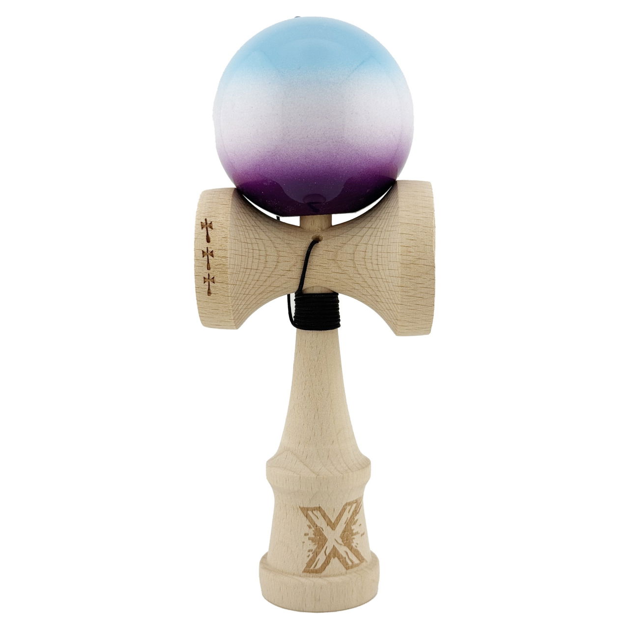 Kendama X Originala, Profesionala, Flippy, Big Cups V2, Super Sticky cu Cupe Mari, din lemn 18 cm, Rulment Metalic cu Ata 55 cm, Albastru/Alb/Mov [1]