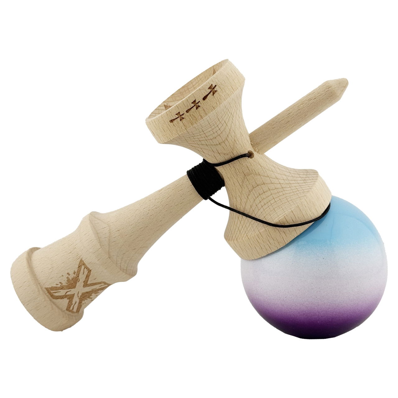Kendama X Originala, Profesionala, Flippy, Big Cups V2, Super Sticky cu Cupe Mari, din lemn 18 cm, Rulment Metalic cu Ata 55 cm, Albastru/Alb/Mov [4]