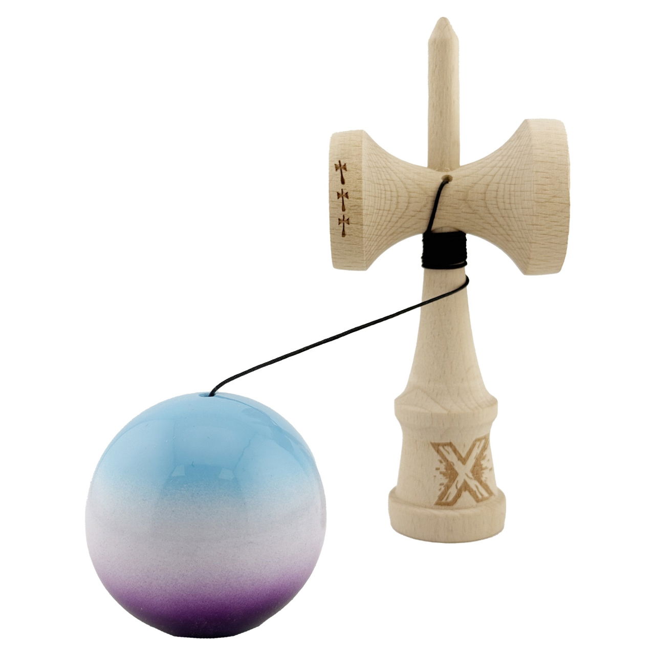 Kendama X Originala, Profesionala, Flippy, Big Cups V2, Super Sticky cu Cupe Mari, din lemn 18 cm, Rulment Metalic cu Ata 55 cm, Albastru/Alb/Mov [3]
