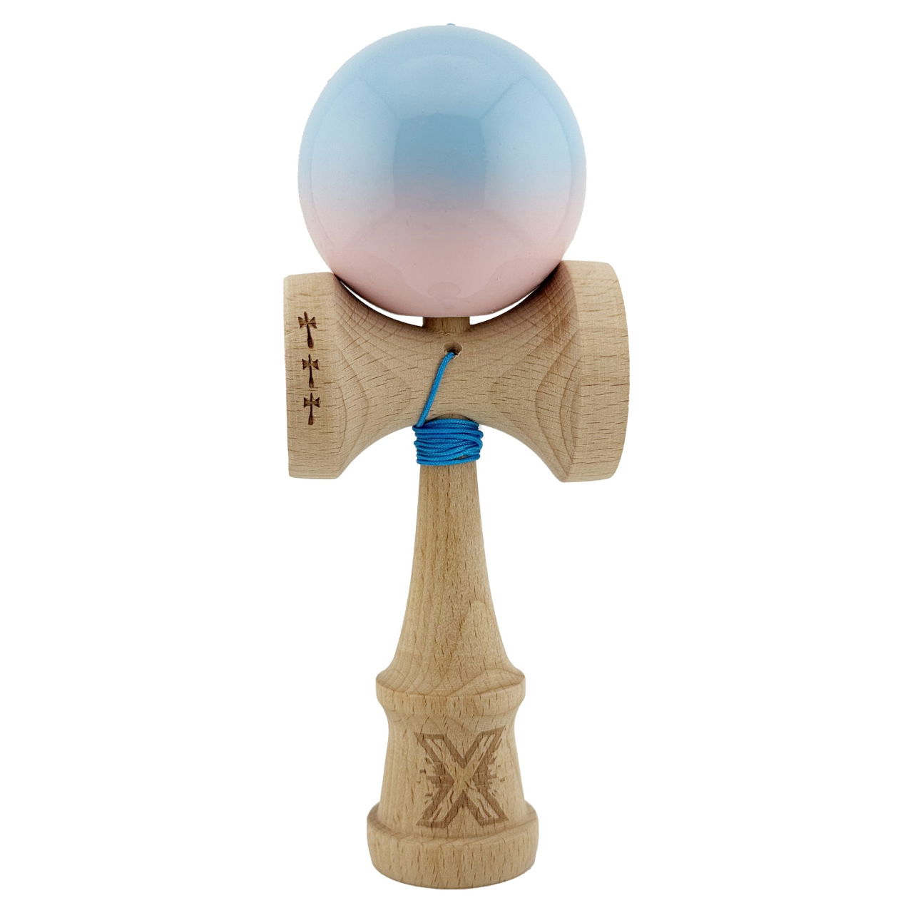 Kendama X Originala, Profesionala, Flippy, Big Cups V2, Super Sticky cu Cupe Mari, din lemn 18 cm, Rulment Metalic cu Ata 55 cm, Albastru deschis/Roz [1]