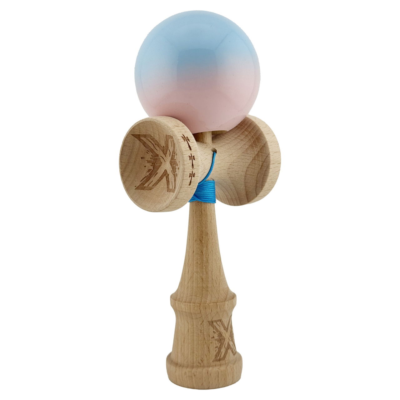 Kendama X Originala, Profesionala, Flippy, Big Cups V2, Super Sticky cu Cupe Mari, din lemn 18 cm, Rulment Metalic cu Ata 55 cm, Albastru deschis/Roz [9]