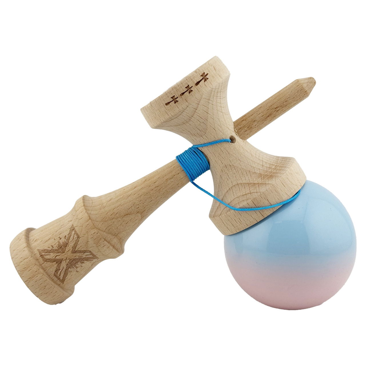Kendama X Originala, Profesionala, Flippy, Big Cups V2, Super Sticky cu Cupe Mari, din lemn 18 cm, Rulment Metalic cu Ata 55 cm, Albastru deschis/Roz [4]