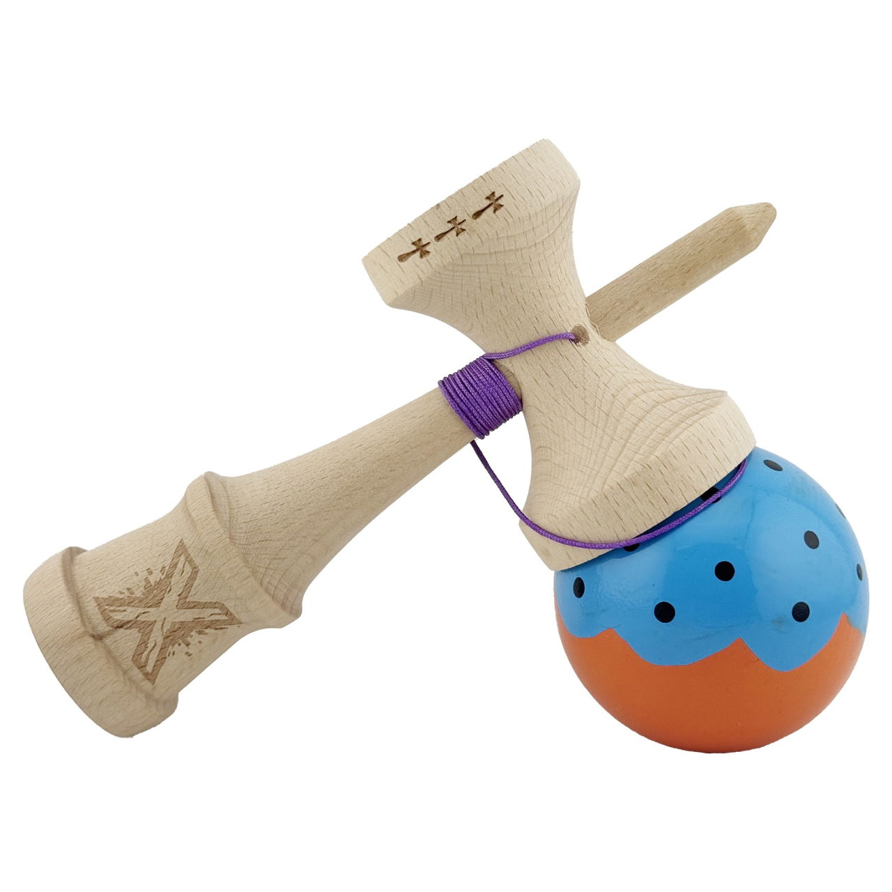 Kendama X Originala, Profesionala, Flippy, Big Cups V2, Super Sticky cu Cupe Mari, din lemn 18 cm, Rulment Metalic cu Ata 55 cm, Albastru/Portocaliu [4]