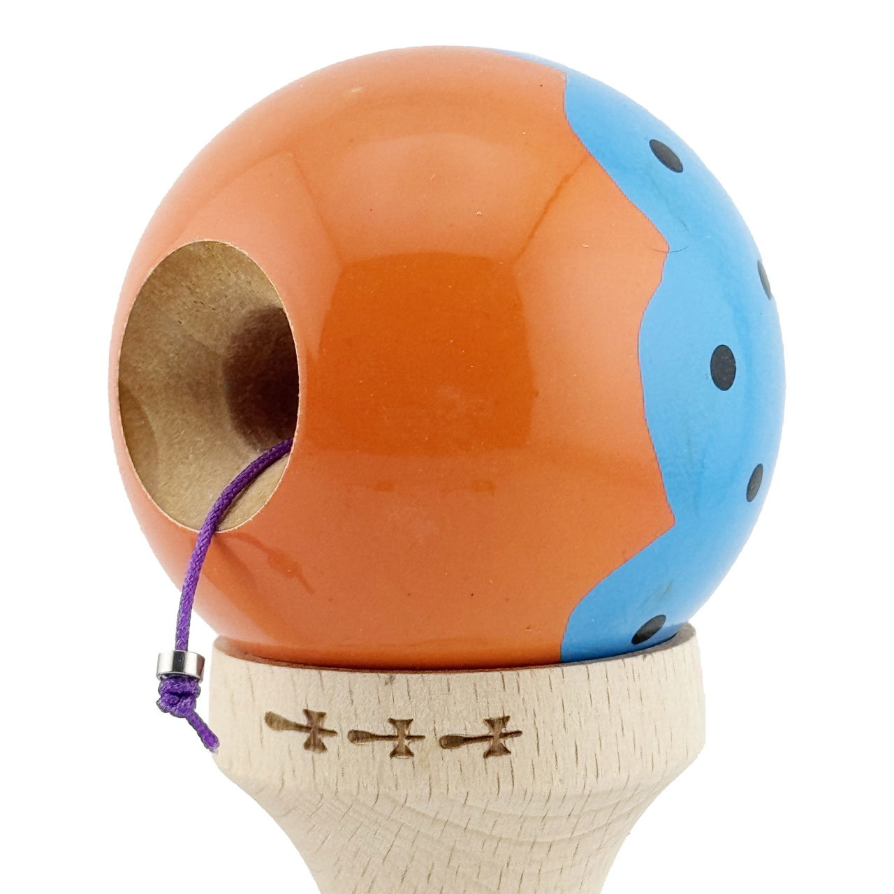 Kendama X Originala, Profesionala, Flippy, Big Cups V2, Super Sticky cu Cupe Mari, din lemn 18 cm, Rulment Metalic cu Ata 55 cm, Albastru/Portocaliu [5]