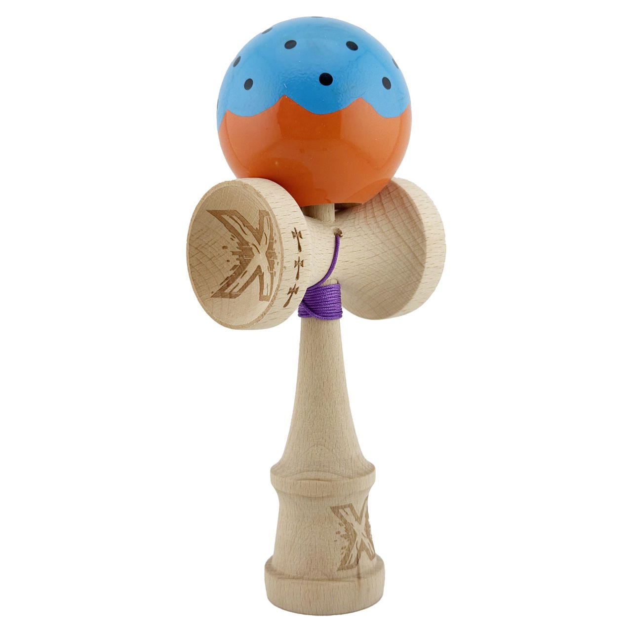 Kendama X Originala, Profesionala, Flippy, Big Cups V2, Super Sticky cu Cupe Mari, din lemn 18 cm, Rulment Metalic cu Ata 55 cm, Albastru/Portocaliu [9]