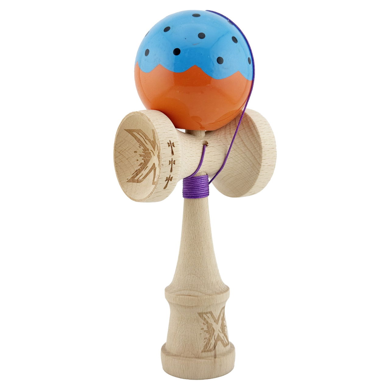 Kendama X Originala, Profesionala, Flippy, Big Cups V2, Super Sticky cu Cupe Mari, din lemn 18 cm, Rulment Metalic cu Ata 55 cm, Albastru/Portocaliu [2]