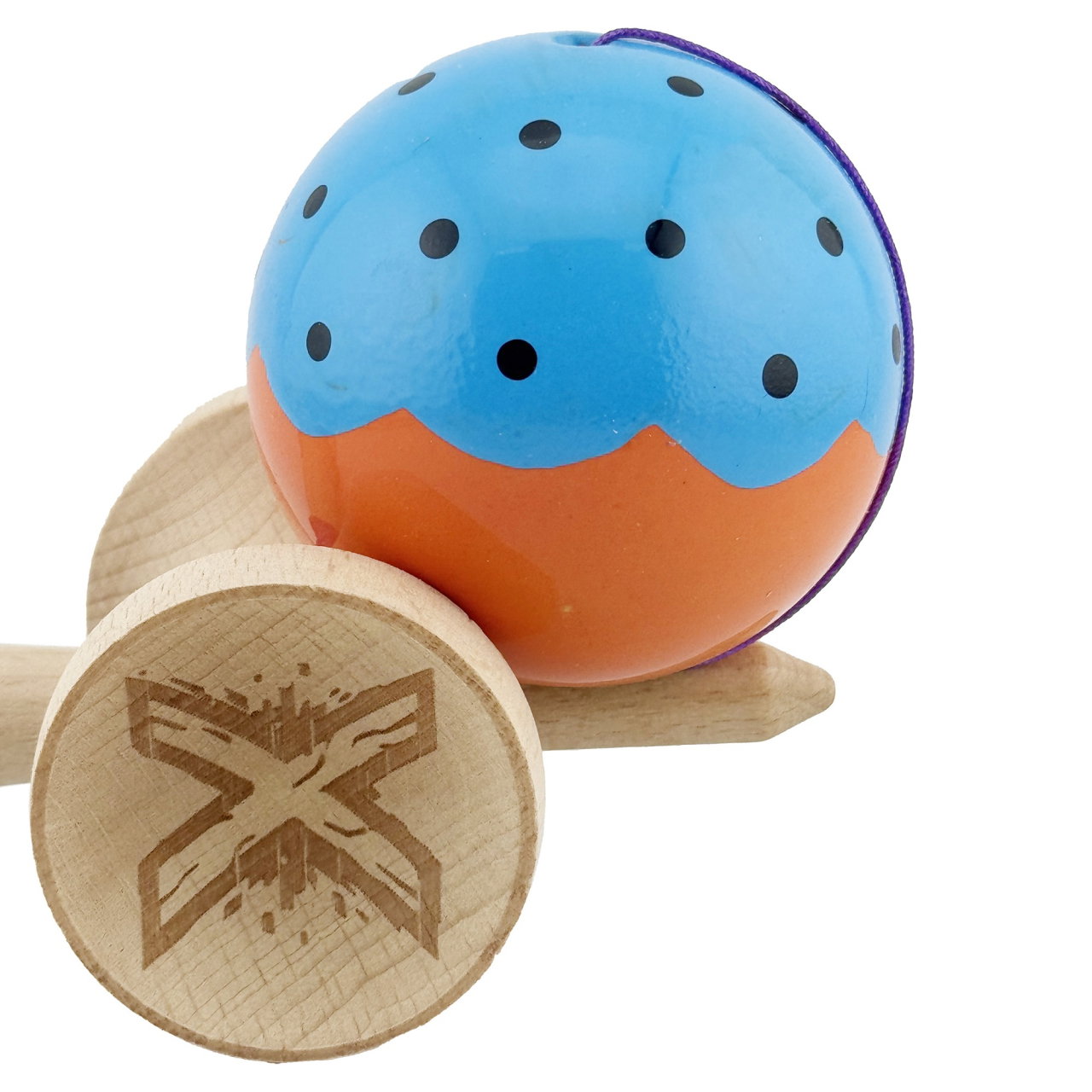 Kendama X Originala, Profesionala, Flippy, Big Cups V2, Super Sticky cu Cupe Mari, din lemn 18 cm, Rulment Metalic cu Ata 55 cm, Albastru/Portocaliu [7]