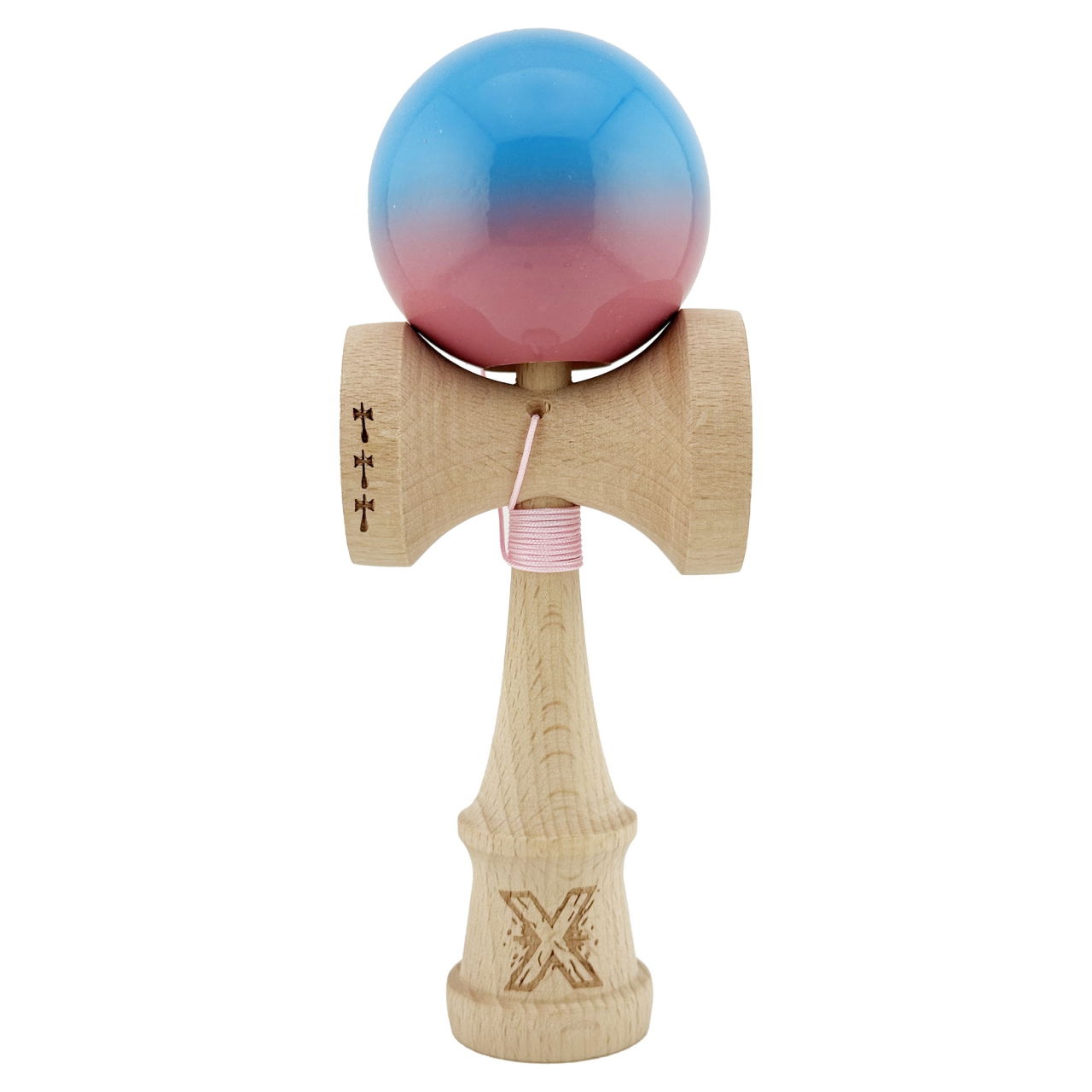 Kendama X Originala, Profesionala, Flippy, Big Cups V2, Super Sticky cu Cupe Mari, din lemn 18 cm, Rulment Metalic cu Ata 55 cm, Albastru/Roz [1]