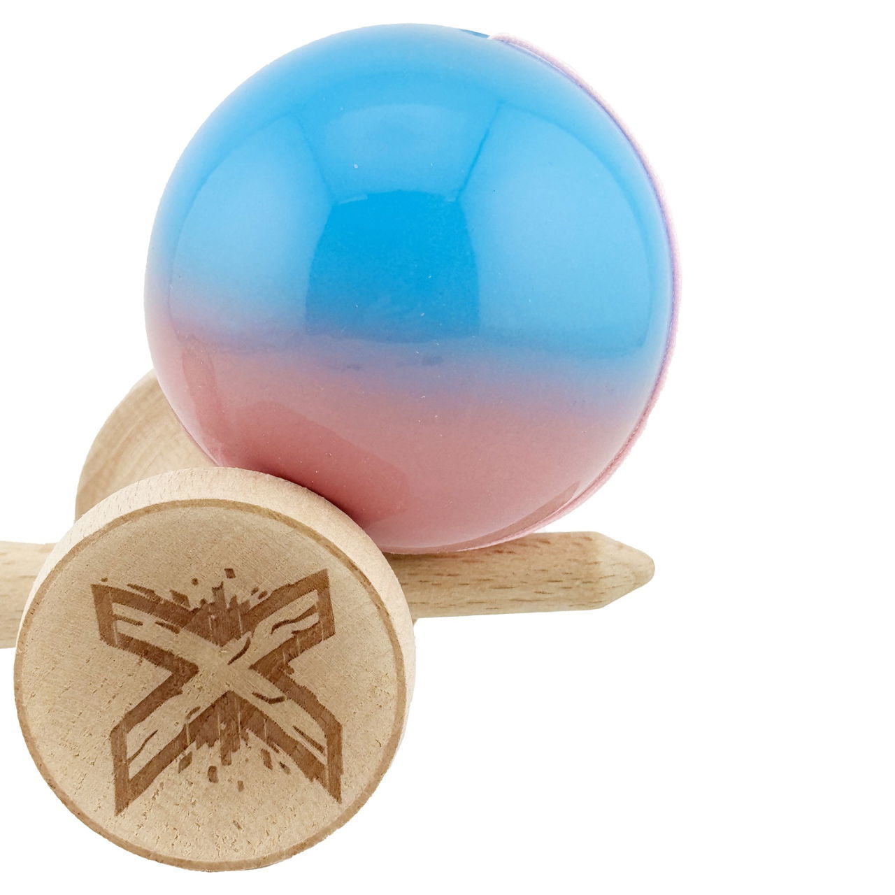 Kendama X Originala, Profesionala, Flippy, Big Cups V2, Super Sticky cu Cupe Mari, din lemn 18 cm, Rulment Metalic cu Ata 55 cm, Albastru/Roz [7]