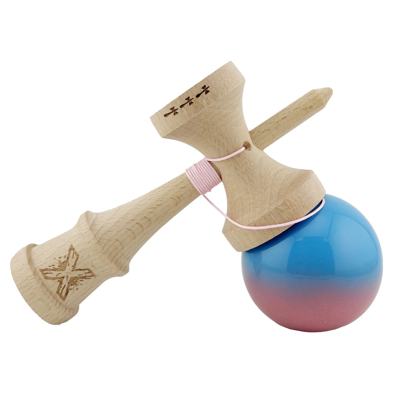 Kendama X Originala, Profesionala, Flippy, Big Cups V2, Super Sticky cu Cupe Mari, din lemn 18 cm, Rulment Metalic cu Ata 55 cm, Albastru/Roz [4]