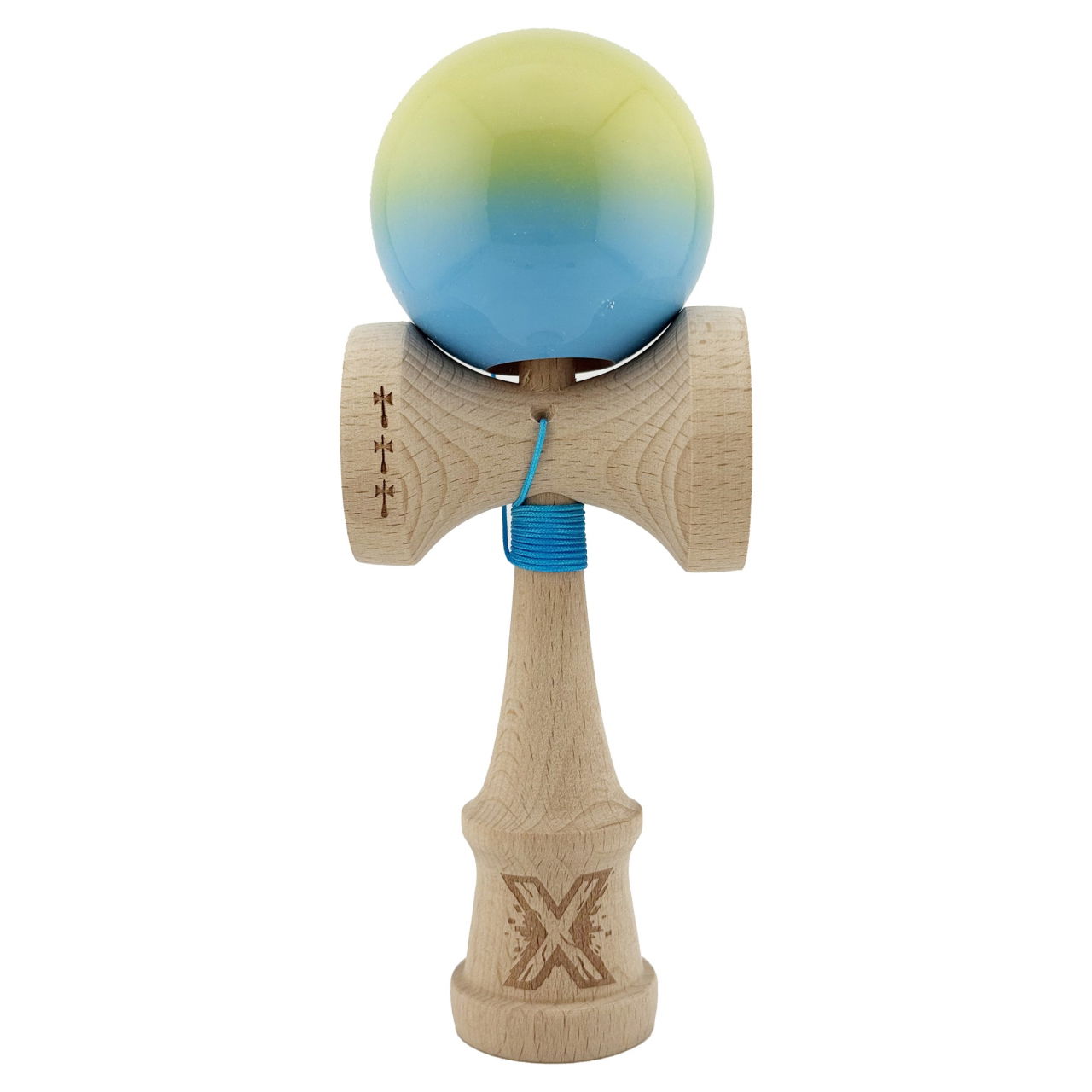 Kendama X Originala, Profesionala, Flippy, Big Cups V2, Super Sticky cu Cupe Mari, din lemn 18 cm, Rulment Metalic cu Ata 55 cm, Galben/Albastru [1]