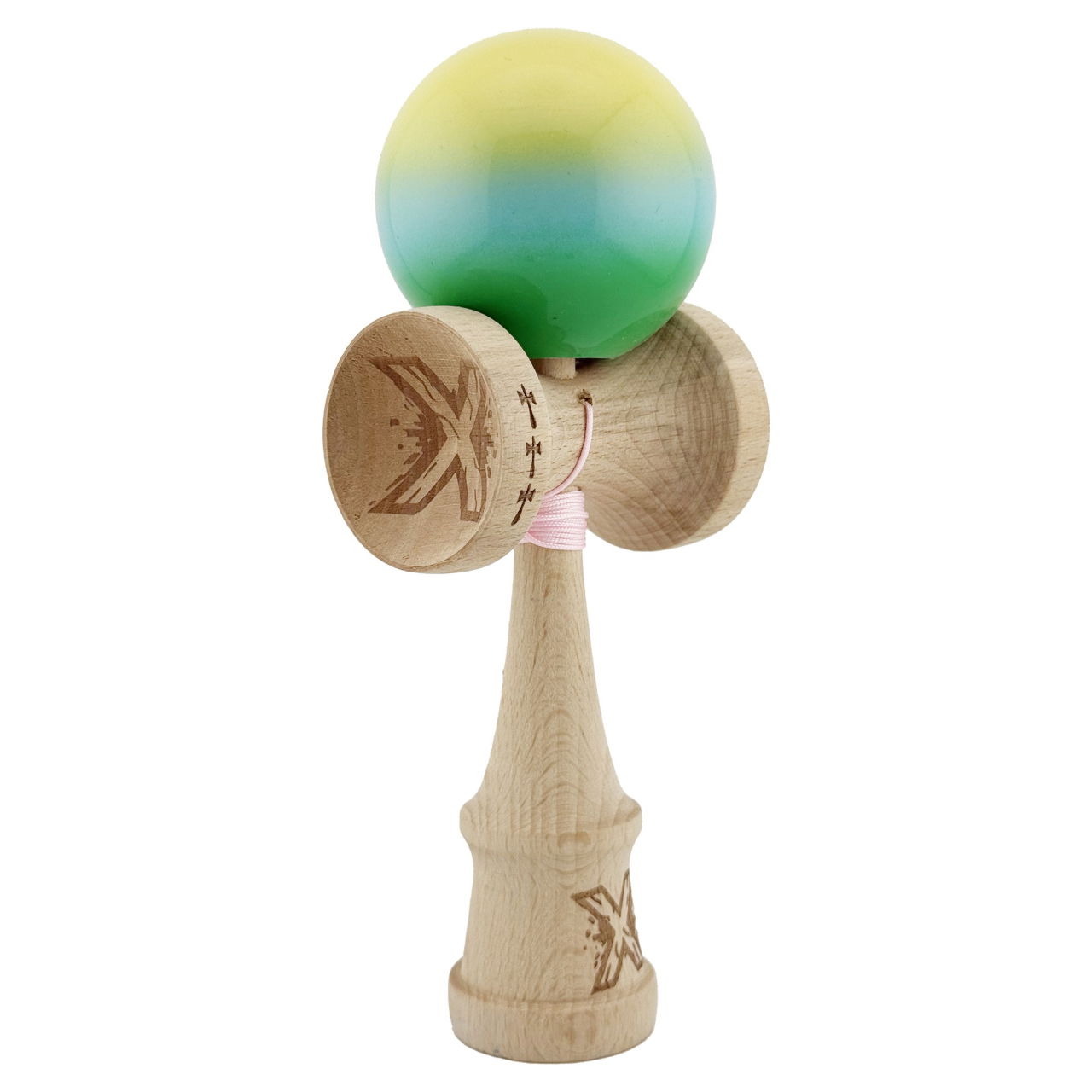 Kendama X Originala, Profesionala, Flippy, Big Cups V2, Super Sticky cu Cupe Mari, din lemn 18 cm, Rulment Metalic cu Ata 55 cm, Galben/Albastru/Verde [9]
